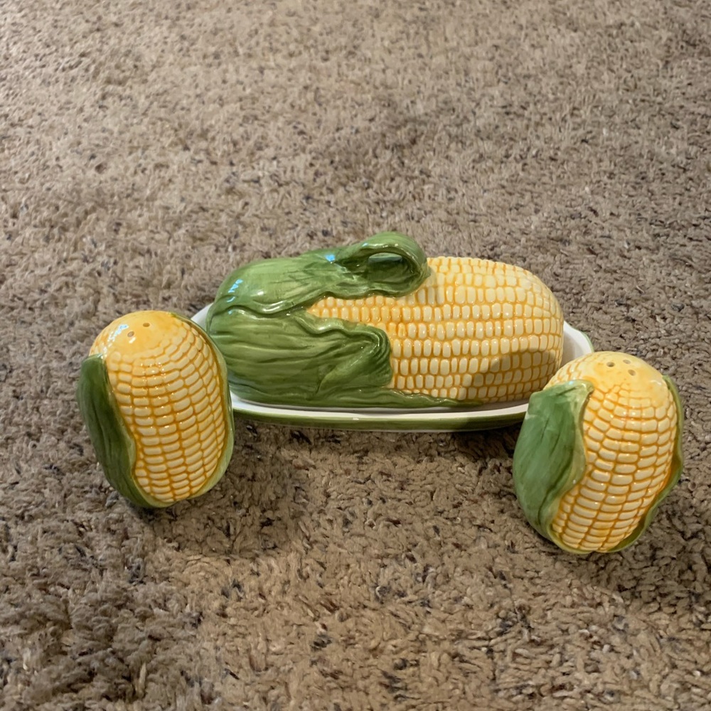 Lillian Vernon vintage corn butter dish and salt and pepper shakers